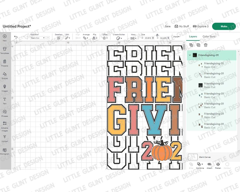 May include: A digital design file displayed on a software interface featuring the stacked text 'FRIENDSGIVING 2021' in a collegiate block font. The letters are outlined in black with fill colors of muted orange, pink, and blue, and a pumpkin icon.