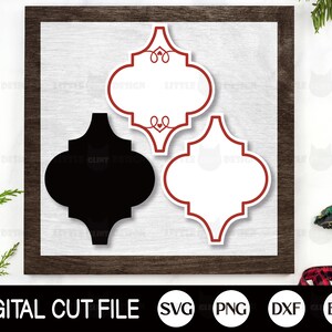 May include: A digital cut file design featuring three red and white Moroccan-style arches. The arches are outlined in red and have a white interior. The design is perfect for creating custom home decor, invitations, or other crafts.