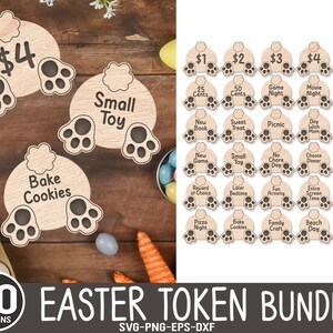 30 jetons échangeables en coton queue de lapin de Pâques SVG, fichiers laser de Pâques pour enfants, pièce de Pâques SVG, cadeaux d'oeufs de Pâques, fichier Glowforge
