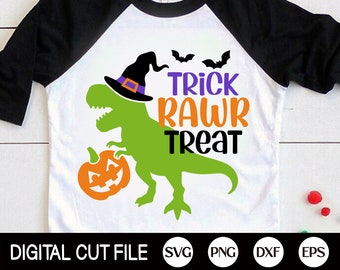 Trick Rawr Treat Svg, Halloween Svg, Dinosaur Svg, Barn Halloween T-Rex, Halloween Dino Kostym, Halloween Tröja Svg, Svg-filer för Cricut