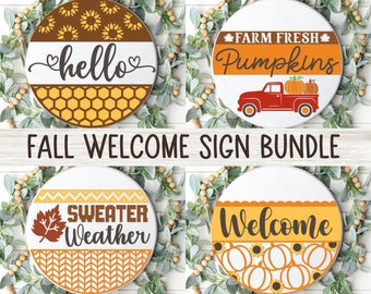 Fall Welcome Sign Bundle, Round Door Hanger SVG, Autumn Sign Svg, Farm Fresh Pumpkins Decor, Glowforge, Sunflower Png, Svg Files for Cricut