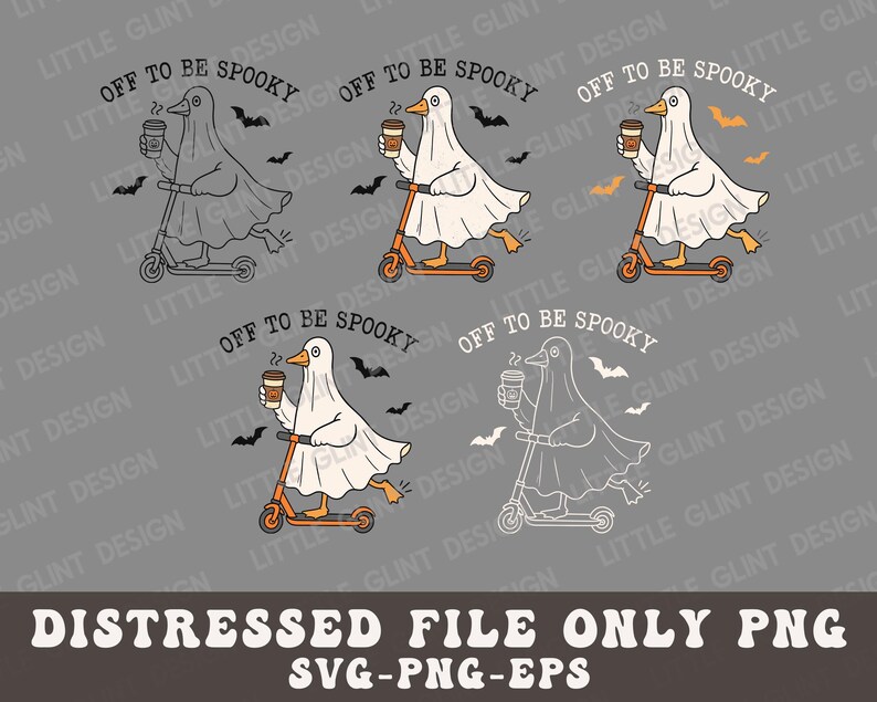 May include: A digital design featuring a cartoon duck dressed as a ghost, riding an orange scooter and holding a coffee cup. The phrase "Off to be Spooky" is above the duck, with bat silhouettes scattered around. The bottom text reads "DISTRESSED FILE ONLY PNG SVG-PNG-EPS".