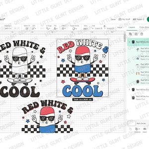 May include: Red, white, and blue popsicle character wearing sunglasses and skateboarding with the text "Red White & Cool" in a retro style.