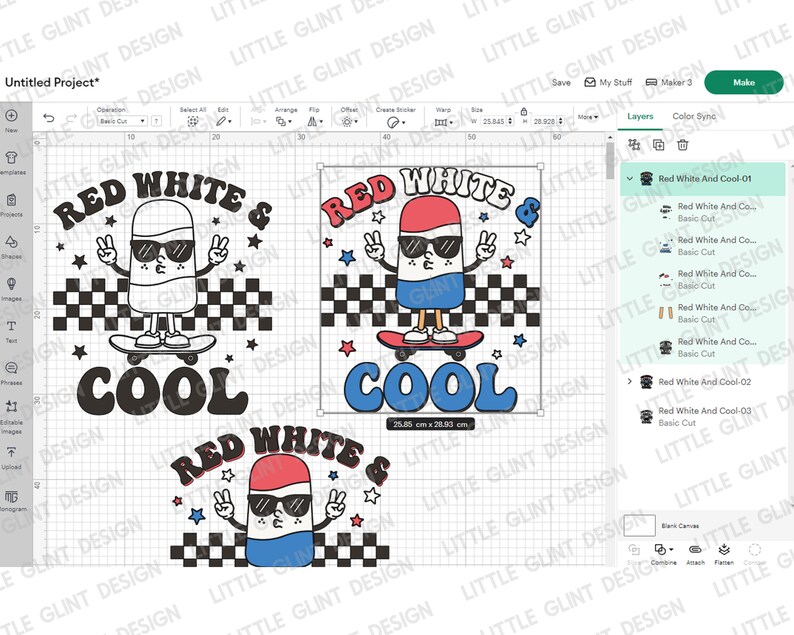 May include: Red, white, and blue popsicle character wearing sunglasses and skateboarding with the text "Red White & Cool" in a retro style.