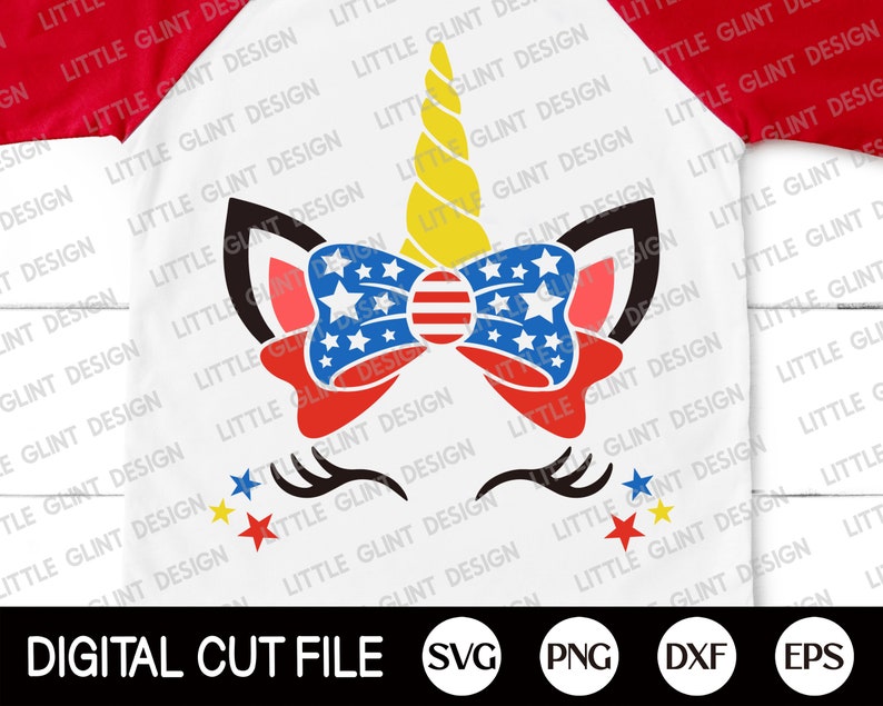 May include: A digital cut file design of a unicorn with a red, white, and blue bow. The unicorn has a yellow horn and black eyes. The bow is decorated with stars and stripes. The design is perfect for creating patriotic crafts and decorations.