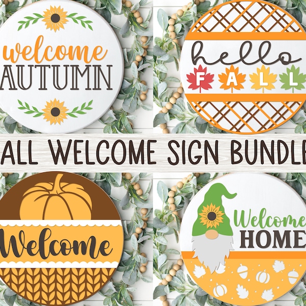 Hello Fall Welcome Sign Bundle, Round Door Hanger SVG, Autumn Sign Svg, Hello Pumpkin Decor, Glowforge, Sunflower Png, Svg Files for Cricut