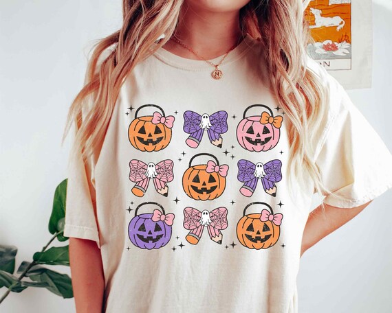 Pink Halloween PNG, Halloween Teacher Pumpkin Buckets SVG, Retro Autumn Shirt, Coquette Sublimation Png, Svg Files For Cricut