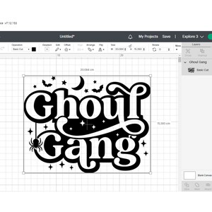 May include: Black and white design for a Halloween themed craft project. The design features the text "Ghoul Gang" in a retro font with bats, stars, and a spider.