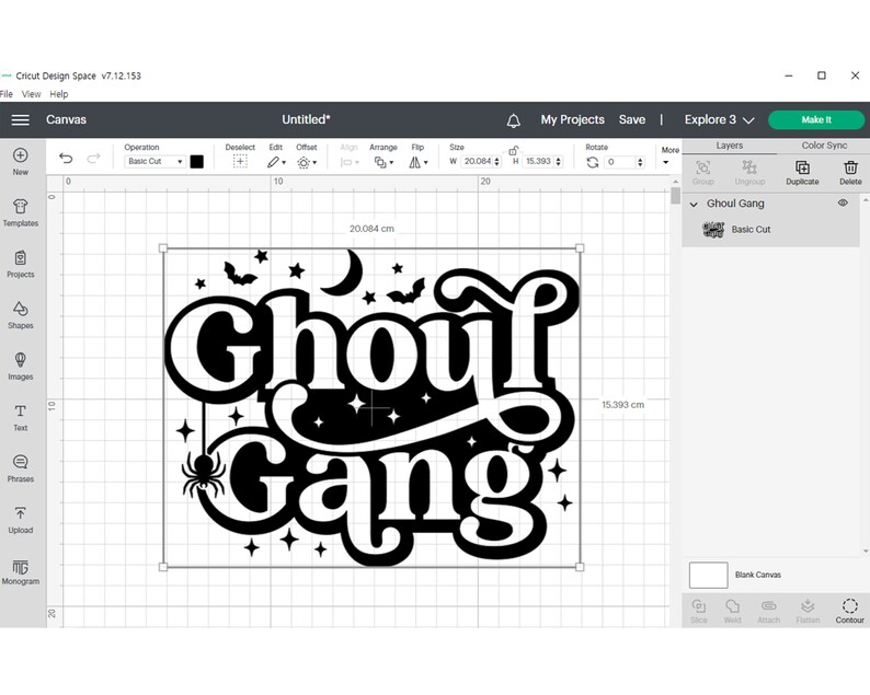 May include: Black and white design for a Halloween themed craft project. The design features the text "Ghoul Gang" in a retro font with bats, stars, and a spider.