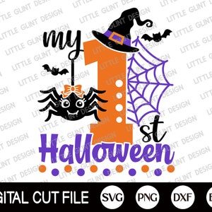 May include: Orange and purple Halloween-themed design featuring a spider, a witch's hat, and the text "my 1st Halloween".
