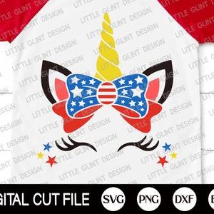 May include: A digital cut file design of a unicorn with a red, white, and blue bow. The unicorn has a yellow horn and closed eyes. There are three stars in the bottom corners of the design.