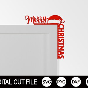 May include: Red vinyl cut-out of a Santa hat with the words "Merry Christmas" on a white door.
