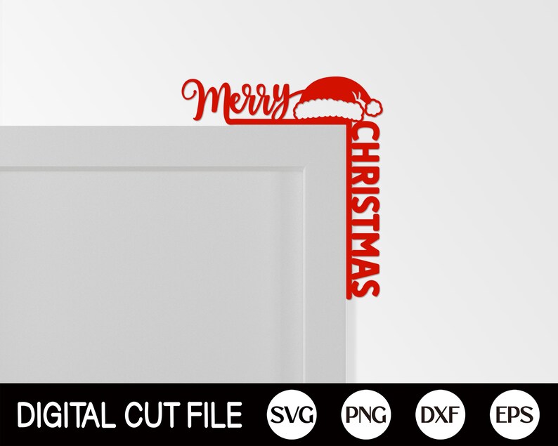 May include: Red vinyl cut-out of a Santa hat with the words "Merry Christmas" on a white door.
