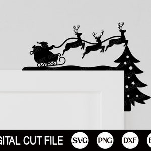 May include: Black silhouette of Santa Claus in a sleigh pulled by reindeer flying over a Christmas tree. The design is perfect for a door hanger or wall decor.