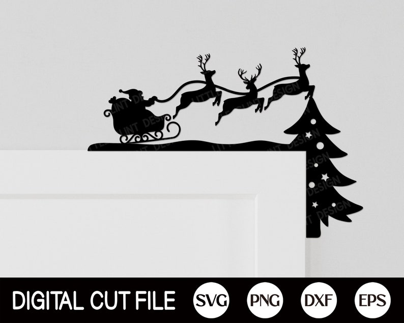 May include: Black silhouette of Santa Claus in a sleigh pulled by reindeer flying over a Christmas tree. The design is perfect for a door hanger or wall decor.