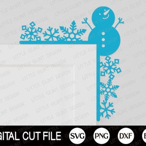 May include: A digital cut file design featuring a snowman with a blue hat and a blue scarf. The snowman is holding a string of snowflakes. The design is perfect for creating holiday crafts and decorations.