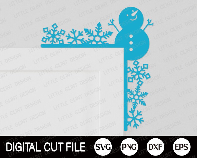 May include: A digital cut file design featuring a snowman with a blue hat and a blue scarf. The snowman is holding a string of snowflakes. The design is perfect for creating holiday crafts and decorations.
