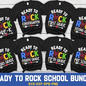 Klaar om terug naar school te rocken SVG-bundel, eerste schooldag Svg, pre-K Svg, kleuterschool, 1e, 2 grad jongensshirt, png, svg-bestanden voor Cricut
