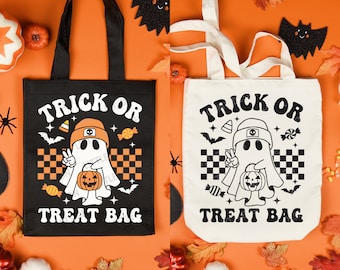 Bolsa de truco o trato SVG, Niños Halloween Svg, Retro Ghost Png, Bolsa de golosinas Svg, Regalo de Halloween, Archivos Svg para Cricut
