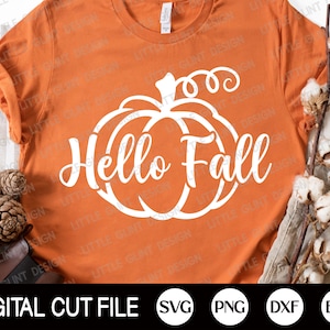 May include: A digital cut file design featuring a white pumpkin with the text "Hello Fall" on an orange t-shirt. The design is perfect for fall-themed crafts and projects.