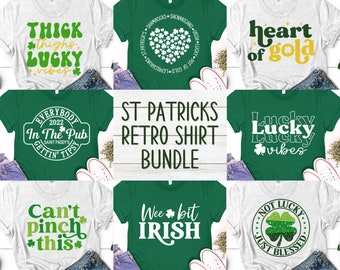 May include: A set of ten St. Patrick's Day themed retro t-shirt designs. The designs feature shamrocks, green and white colors, and phrases like "Thick thighs, lucky vibes", "Wee bit Irish", and "Not lucky, just blessed".