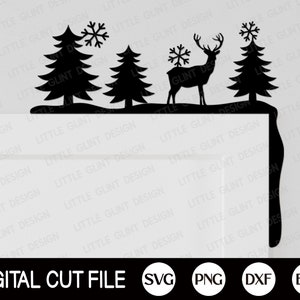 May include: Black and white silhouette of a deer, two pine trees, and snowflakes. The design is perfect for a Christmas door hanger or a winter-themed craft project.