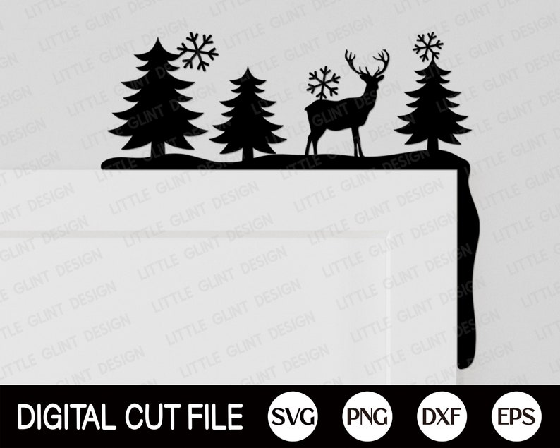 May include: Black and white silhouette of a deer, two pine trees, and snowflakes. The design is perfect for a Christmas door hanger or a winter-themed craft project.