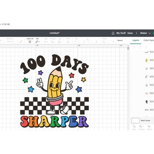 May include: A colorful graphic design featuring a cartoon pencil with a smiling face and the text "100 Days Sharper". The pencil is holding up two fingers and has a checkered pattern behind it.