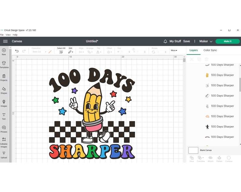 May include: A colorful graphic design featuring a cartoon pencil with a smiling face and the text "100 Days Sharper". The pencil is holding up two fingers and has a checkered pattern behind it.