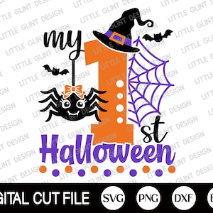 May include: Orange and purple Halloween-themed design featuring a spider, a witch's hat, and the text "my 1st Halloween".