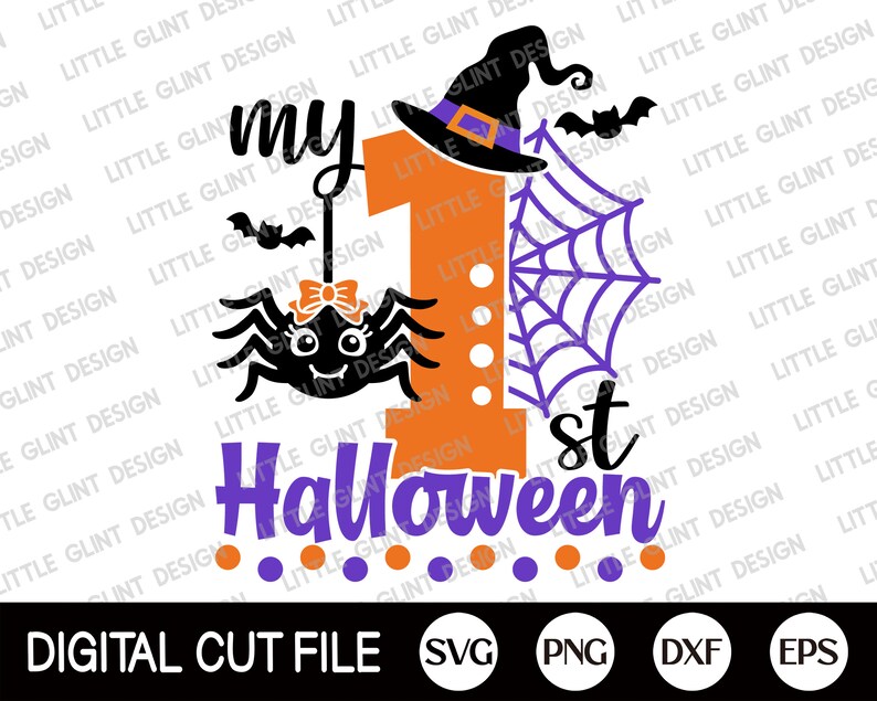 May include: Orange and purple Halloween-themed design featuring a spider, a witch's hat, and the text "my 1st Halloween".
