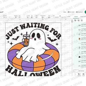 May include: A digital design featuring a cute ghost floating on a purple and orange inner tube, holding a pumpkin spice drink. The text reads "JUST WAITING FOR HALLOWEEN" in a retro font, with bats and stars.