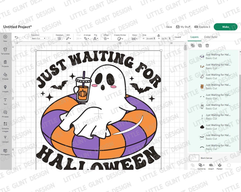 May include: A digital design featuring a cute ghost floating on a purple and orange inner tube, holding a pumpkin spice drink. The text reads "JUST WAITING FOR HALLOWEEN" in a retro font, with bats and stars.