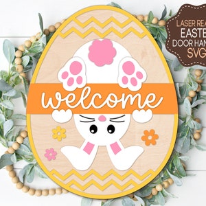Signe de bienvenue de lapin de Pâques, cintre de porte rond SVG, signe de Pâques Svg, décor de porte de printemps de ferme, Glowforge Laser Cut File, pour Cricut