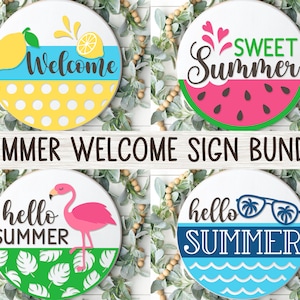 Summer Welcome Sign Bundle, Round Door Hanger SVG, Summer Sign Svg, Farmhouse Summer Door Decor, Glowforge, Png, Dxf, Svg Files for Cricut