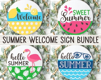 Summer Welcome Sign Bundle, Round Door Hanger SVG, Summer Sign Svg, Farmhouse Summer Door Decor, Glowforge, Png, Dxf, Svg Files for Cricut