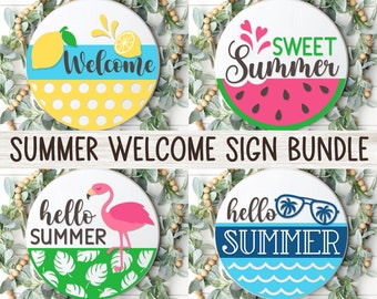 Summer Welcome Sign Bundle, Round Door Hanger SVG, Summer Sign Svg, Farmhouse Summer Door Decor, Glowforge, Png, Dxf, Svg Files for Cricut