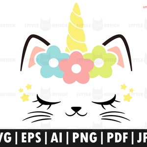 Licorne de chat SVG, Clipart de licorne, Clipart de visage de chat, Autocollants de chat imprimables, Clipart d’animal, Anniversaire de licorne SVG, Cricut, Silhouette