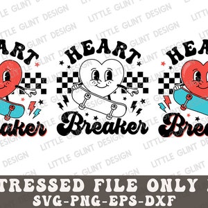 K&ouml;nnte beinhalten: Drei Variationen eines Grafikdesigns mit einem roten Herzen mit Augen und Beinen, das auf einem Skateboard f&auml;hrt. Das Herz tr&auml;gt einen wei&szlig;en Handschuh an seiner rechten Hand. Der Text "HEART BREAKER" ist in einer Retro-Schriftart. Der Hintergrund enth&auml;lt ein kariertes Muster und Blitze.