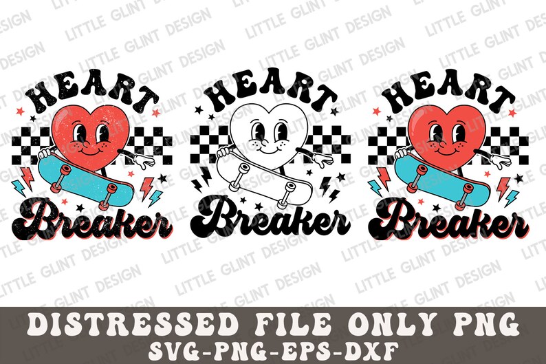 K&ouml;nnte beinhalten: Drei Variationen eines Grafikdesigns mit einem roten Herzen mit Augen und Beinen, das auf einem Skateboard f&auml;hrt. Das Herz tr&auml;gt einen wei&szlig;en Handschuh an seiner rechten Hand. Der Text "HEART BREAKER" ist in einer Retro-Schriftart. Der Hintergrund enth&auml;lt ein kariertes Muster und Blitze.