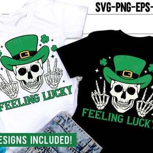May include: Three designs of a skeleton wearing a green leprechaun hat and holding up peace signs with the text "Feeling Lucky".
