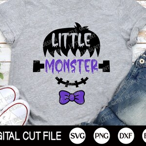 May include: A purple and black digital cut file design for a t-shirt that says "Little Monster" with a monster face and a bow tie. The design is available in SVG, PNG, DXF, and EPS formats.