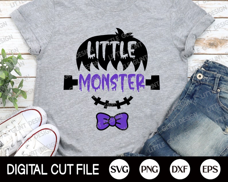 May include: A purple and black digital cut file design for a t-shirt that says "Little Monster" with a monster face and a bow tie. The design is available in SVG, PNG, DXF, and EPS formats.