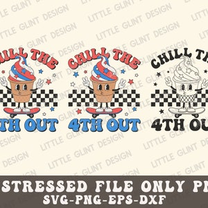 May include: Three digital illustrations of ice cream cones on skateboards with the text "Chill the 4th Out" in a retro style. The ice cream cones are decorated with red, white, and blue colors, and the skateboards have a checkered pattern.