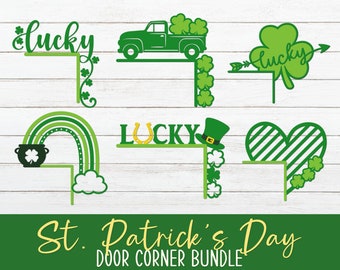May include: A set of five St. Patrick's Day door corner decorations. The decorations feature a rainbow, a pot of gold, a truck, a horseshoe, a heart, and shamrocks. The decorations are all green and gold and have the word "lucky" on them.