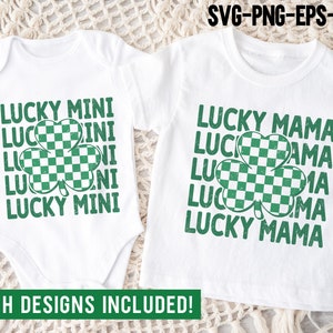 St Patricks Day SVG PNG, Lucky Mama Lucky Mini, Irish Svg, Shamrock Png, Checker Clover Png, Camicia retrò St Patricks, File Svg per Cricut