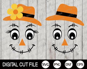 May include: Two digital cut files of a scarecrow face with a hat and a flower. The scarecrow has black eyes, a stitched mouth, and a triangle nose. The hat is orange with a black band. The flower is yellow with orange accents. The text "DIGITAL CUT FILE SVG PNG DXF EPS" is at the bottom of the image.