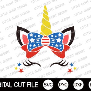 May include: A digital cut file design of a unicorn with a red, white, and blue bow and stars. The unicorn has a yellow horn and black ears. The design is perfect for creating patriotic crafts and decorations.