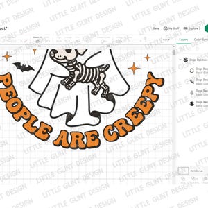 May include: A white ghost with a skeleton dog inside, with the text "People are creepy" in orange letters around the ghost.