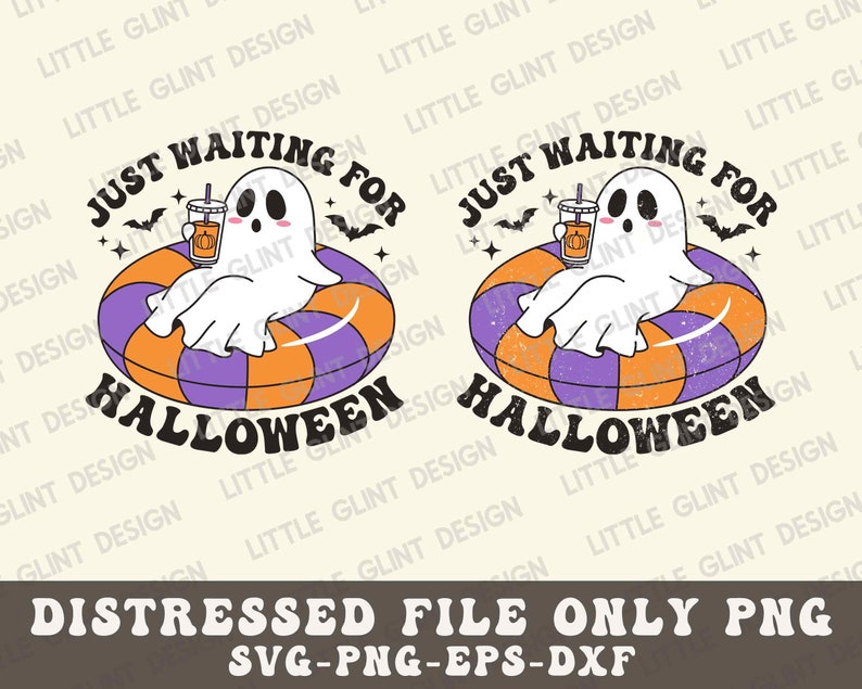 May include: A retro-style Halloween graphic featuring a ghost in an inner tube with the text "Just Waiting For Halloween." The ghost holds a pumpkin spice drink. The inner tube is orange, purple, and white. Includes bats and stars.